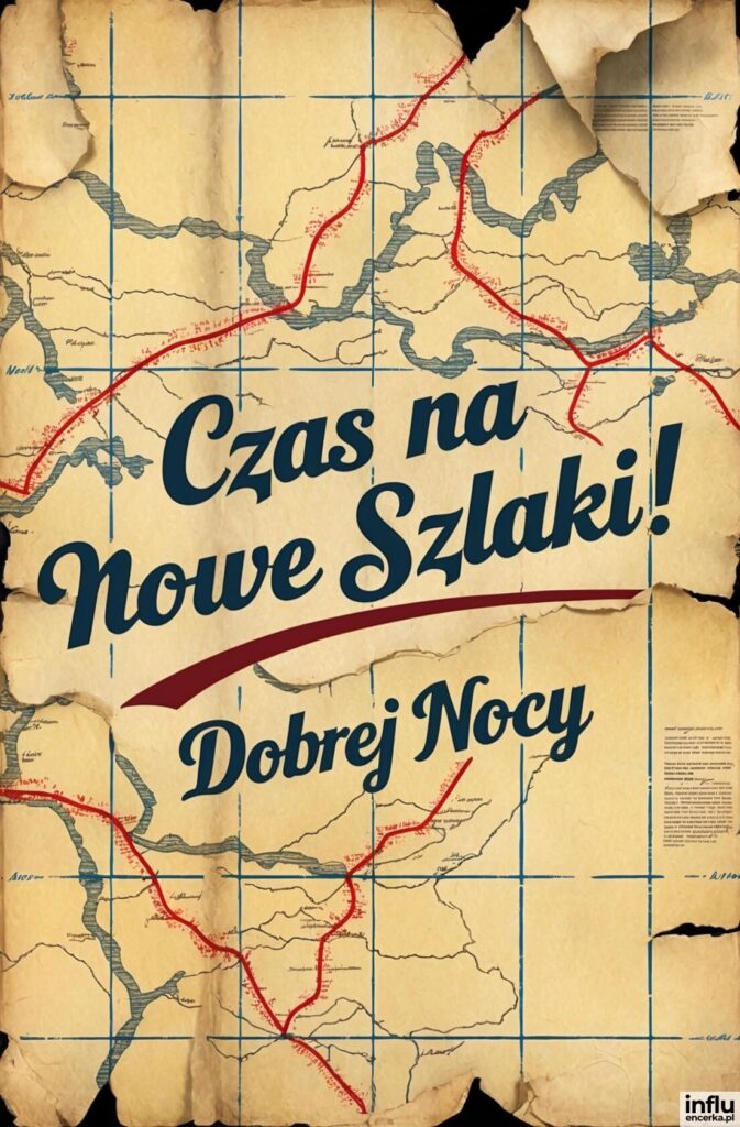 Postrzępiona, żółknąca mapa z czerwonymi i niebieskimi szlakami oraz napisem „Czas na Nowe Szlaki! Dobrej Nocy”