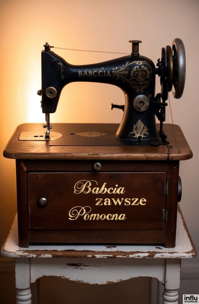Zabytkowa maszyna do szycia z grawerem „BABCCIA”