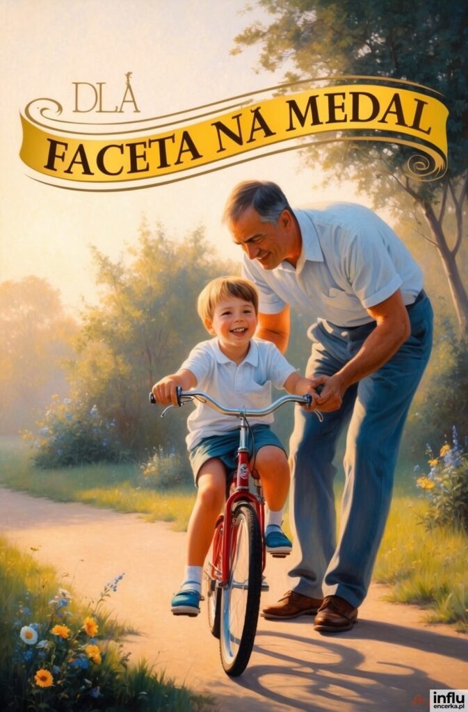 Starszy mężczyzna uczy chłopca jazdy na czerwonym rowerze w parku, nad nimi napis „Dla faceta na medal”