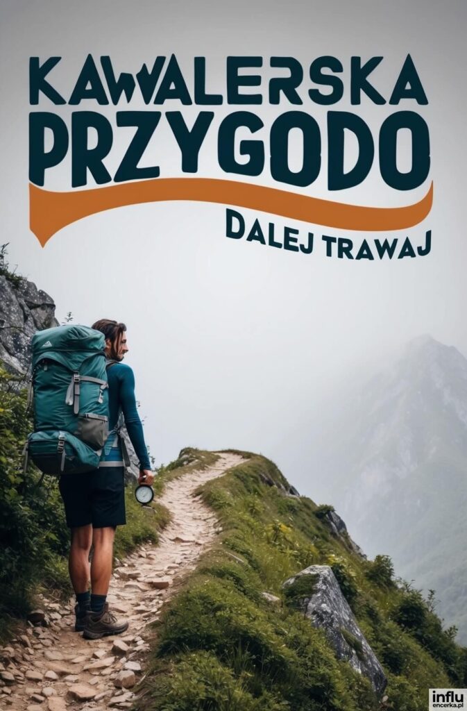 Turysta z dużym plecakiem idzie górskim szlakiem, nad nim napisy „Kawalerska przygodo”