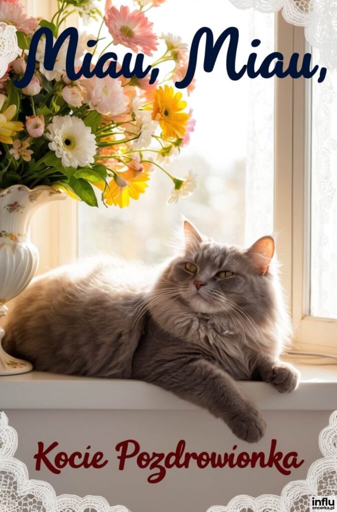 Puszysty szary kot leży na parapecie przy oknie obok wazonu z kolorowymi kwiatami, napisy „Miau, Miau,”