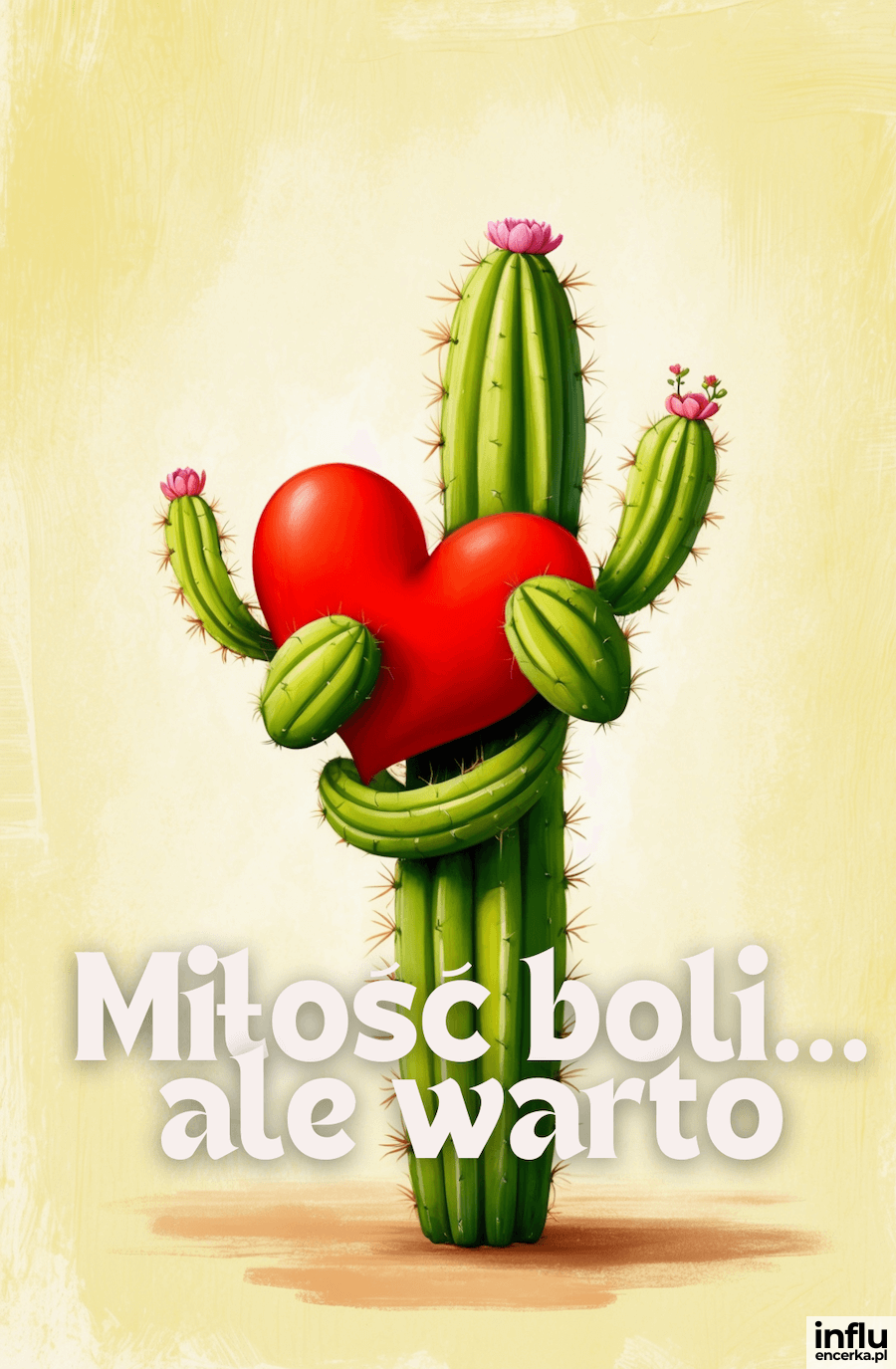 Kartka, kaktus z sercem: Miłość boli, ale warto