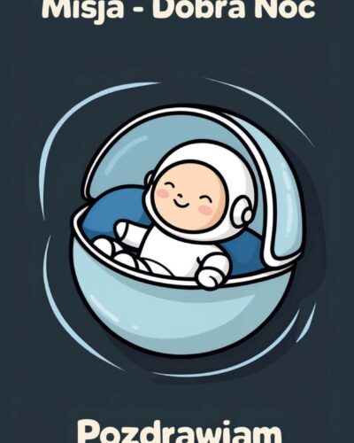 Uśmiechnięty astronauta w skafandrze śpi w okrągłej kapsule na ciemnogranatowym tle, napisy „Misja - Dobra Noc”