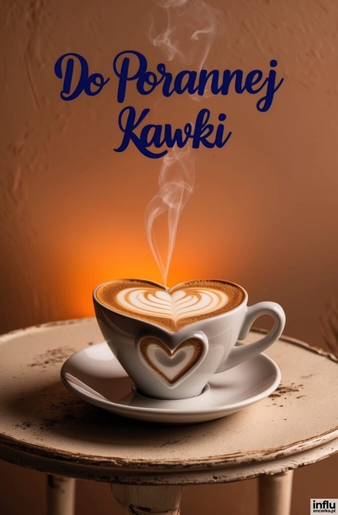 Parująca filiżanka latte art z sercem na stoliku, z napisem „Do Porannej Kawki”
