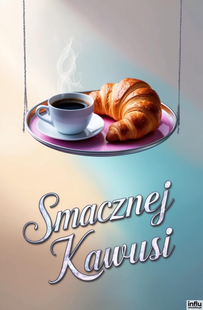 Filiżanka parującej czarnej kawy i rogalik na zawieszanej tacy, z napisem „Smacznej Kawusi”