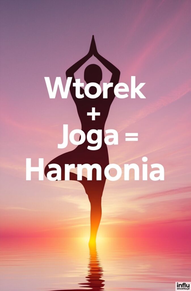 Sylwetka osoby w pozycji drzewa na tle zachodu słońca nad wodą, z napisem „Wtorek + Joga = Harmonia”
