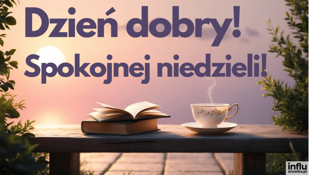 Otwarta książka i parująca filiżanka herbaty na drewnianym stoliku o świcie, z napisem „Dzień dobry! Spokojnej niedzieli!”