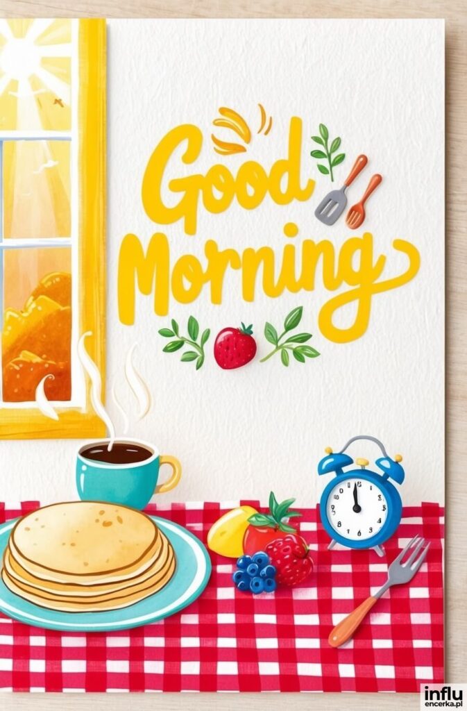 Ilustracja śniadaniowego stołu w kratkę z naleśnikami, kawą, owocami i budzikiem; żółty napis „Good Morning”