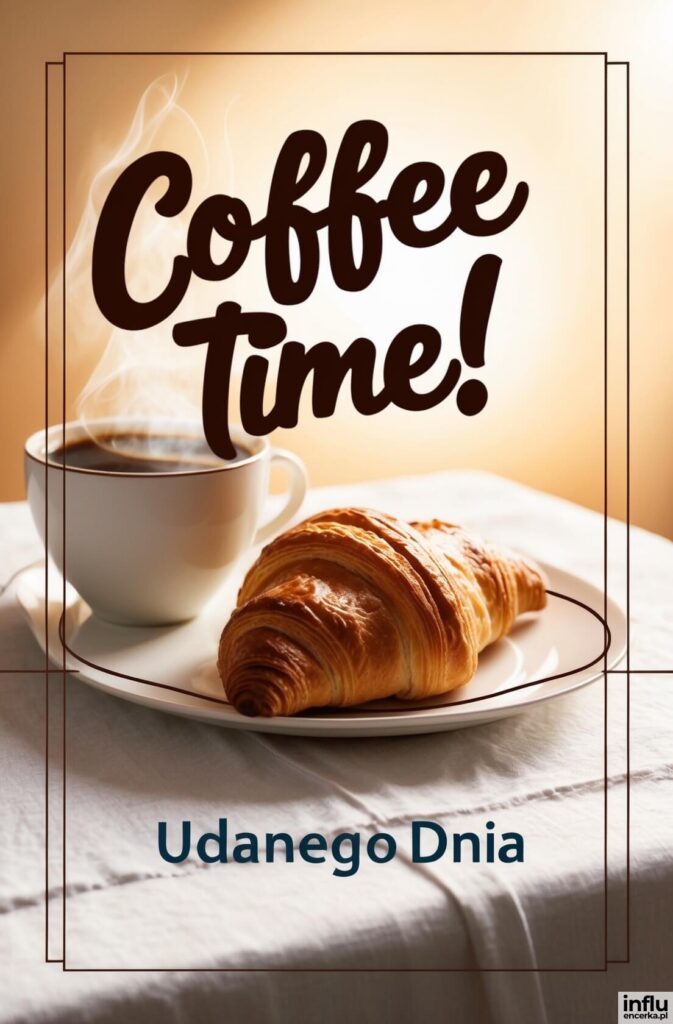 Parująca filiżanka kawy i rogalik na białym talerzu z napisami „Coffee Time!”