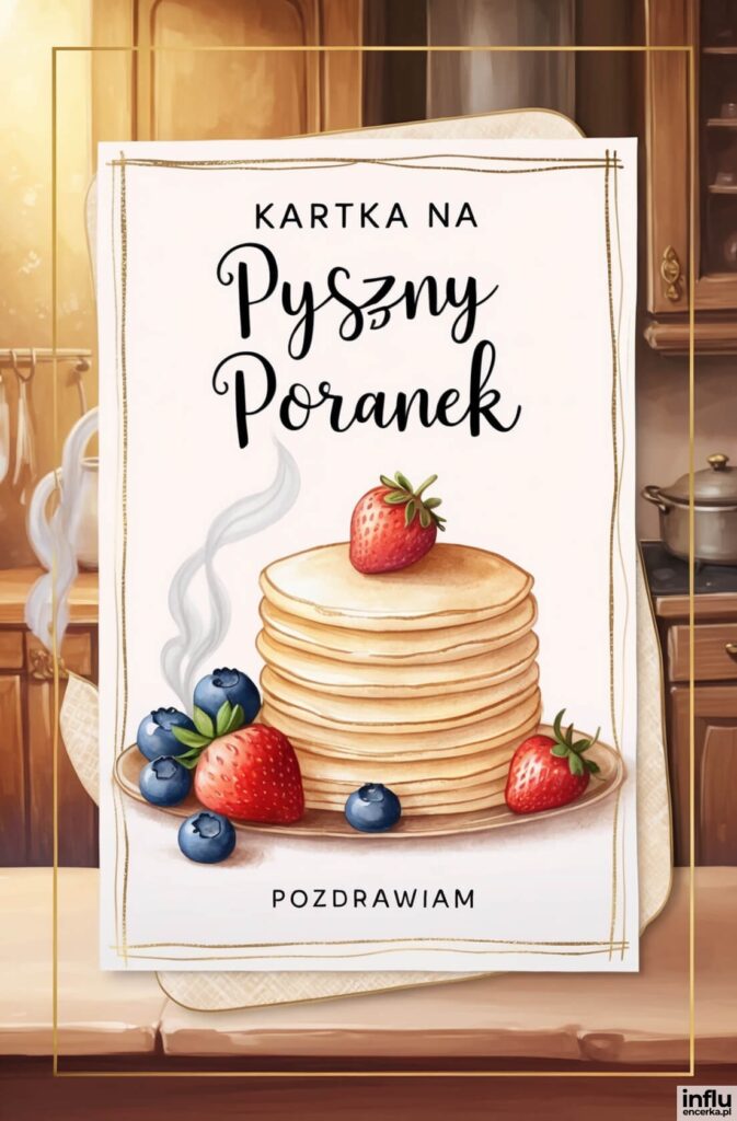 Ilustracja stosu parujących naleśników udekorowanych truskawkami i jagodami na talerzu, z napisami „Kartka na Pyszny Poranek”
