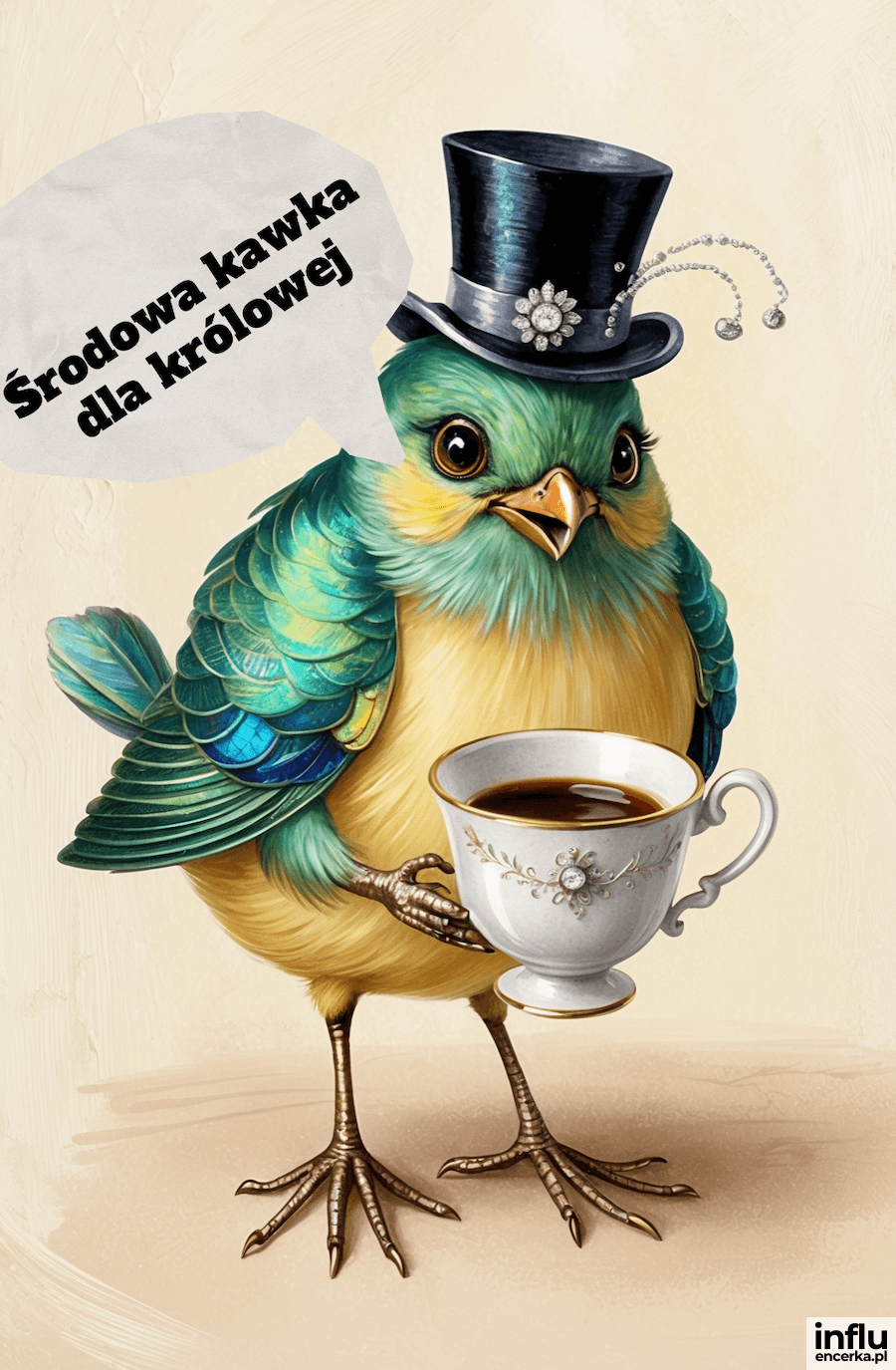 Śmieszna kartka na środę, koliber w cylindrze podaje kawę