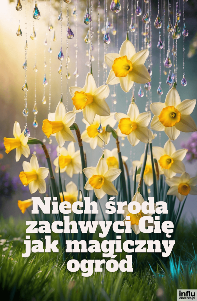 Żółte narcyzy otoczone kryształowymi kroplami deszczu i napis „Niech środa zachwyci Cię jak magiczny ogród”
