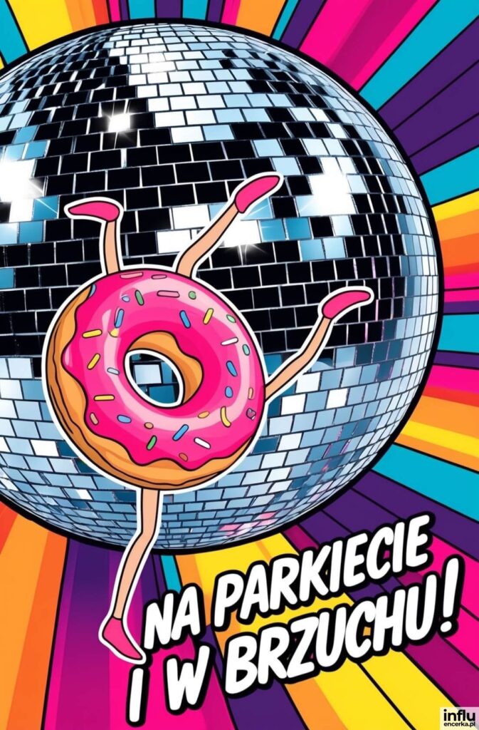 Tańczący pączek z różowym lukrem i rączkami na tle błyszczącej kuli disco, napis „NA PARKIECIE I W BRZUCHU!”