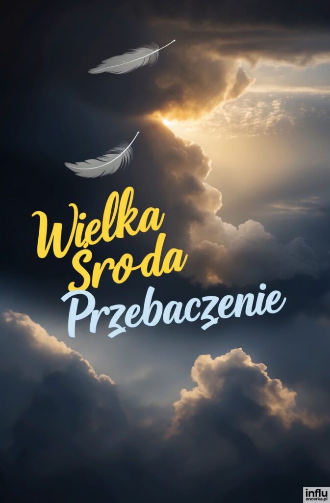 Dramatyczne niebo z ciemnymi chmurami i promieniem światła, dwie białe pióra unoszą się w powietrzu, napisy „Wielka Środa”