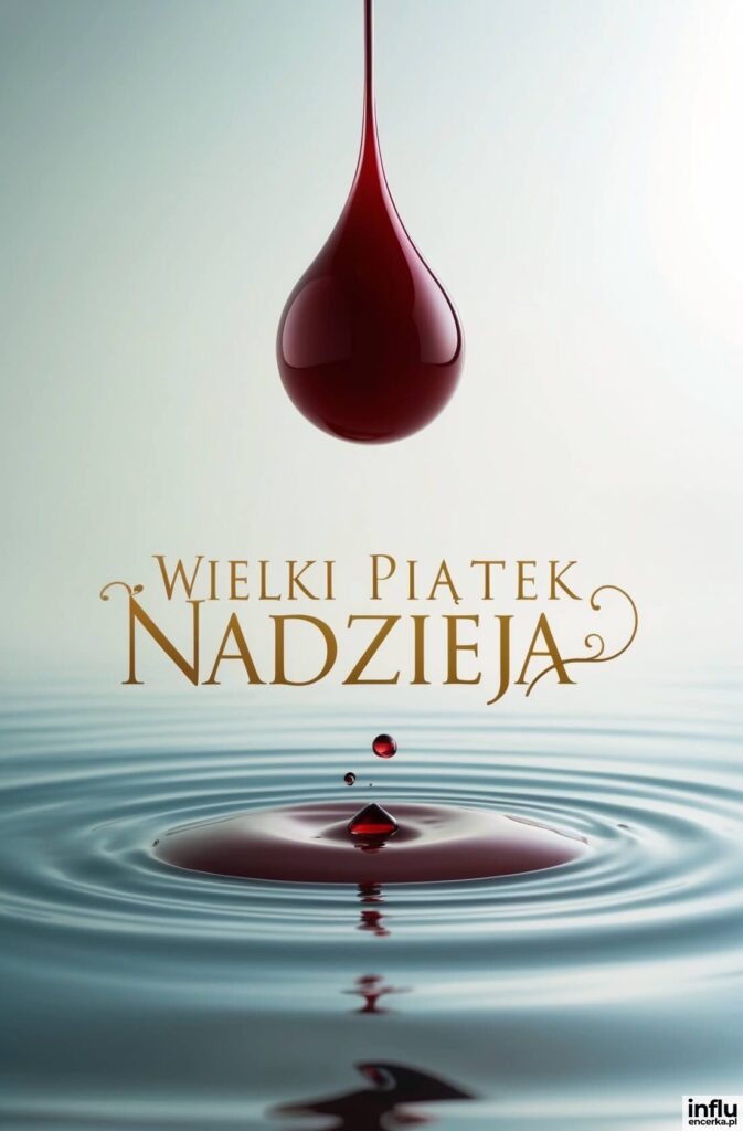 Czerwona kropla krwi spada na taflę wody tworząc kręgi, złoty napis „Wielki Piątek Nadzieja”
