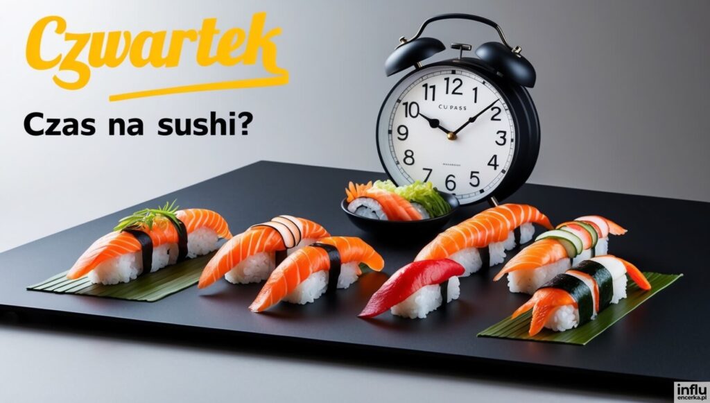 Kartka z kawałkami sushi i napisem: Czwartek, czas na sushi?