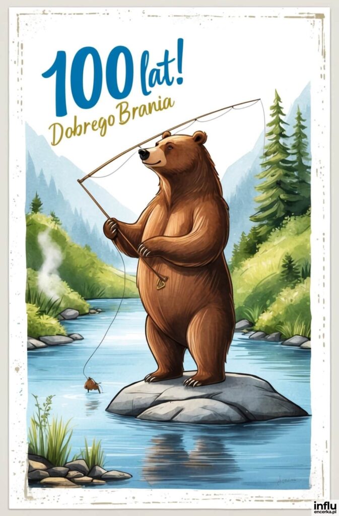 Ilustracja brązowego niedźwiedzia łowiącego ryby w górskiej rzece, napis „100 lat — dobrego brania”.