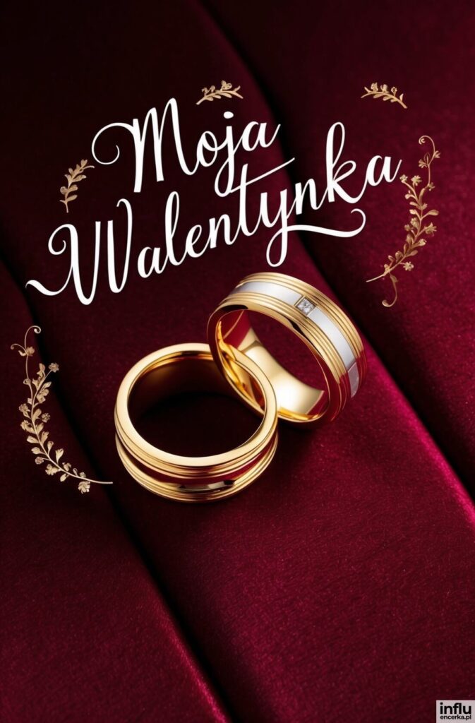 Dwie złote obrączki ślubne na bordowej aksamitnej tkaninie z napisem „Moja Walentynka”