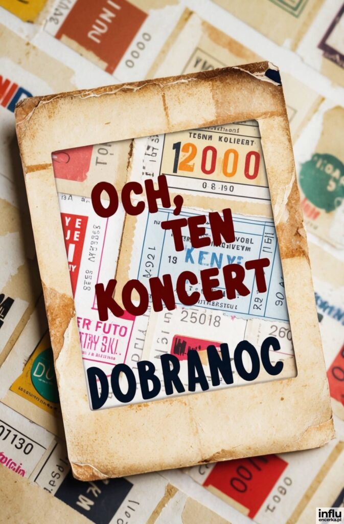 Kolaż starych biletów i etykiet w postrzępionej ramce z napisem „Och, ten koncert – Dobranoc”