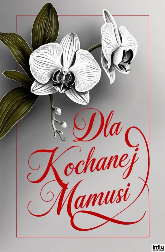 Dwie białe orchidee z zielonymi liśćmi na szarym tle i czerwony napis kaligraficzny „Dla Kochanej Mamusi”