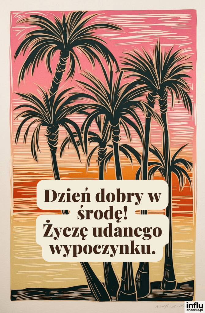 Linorytowa ilustracja palm na różowo-pomarańczowym zachodzie słońca z napisem „Dzień dobry w środę! Życzę udanego wypoczynku.”