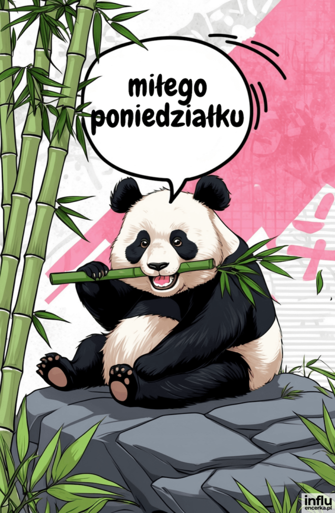 Uśmiechnięta panda siedzi na skale z pędem bambusa w łapach, a w dymku komiksowym widnieje napis „miłego poniedziałku”