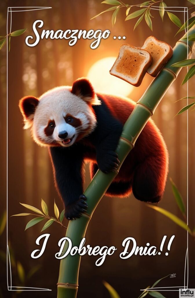 Czerwona panda wspina się na bambus, na którym leżą dwie kromki tostowego chleba; napisy „Smacznego...”