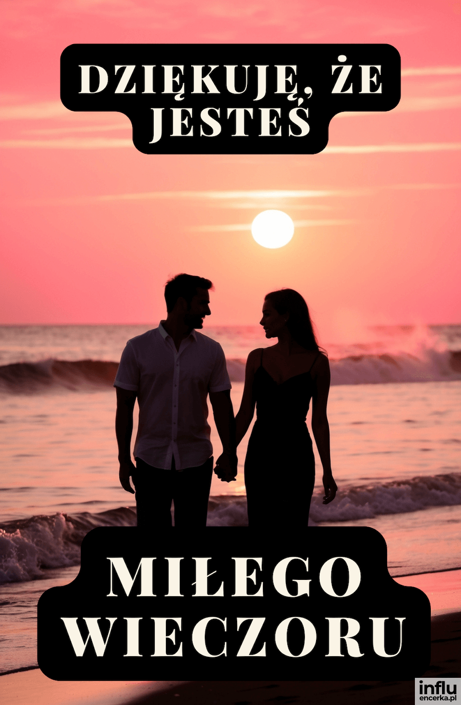 Kartka, para na plaży o zachodzie słońca, dziękuję że jesteś