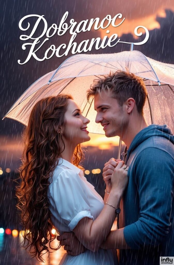 Zakochana para pod przezroczystym parasolem w deszczu o zachodzie słońca, z napisem „Dobranoc Kochanie”