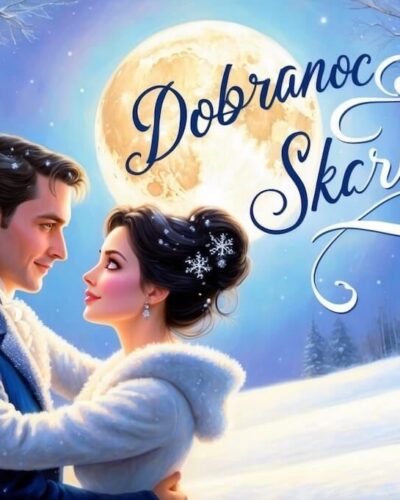 Para zakochanych przytulona w zimowym lesie przy blasku pełni księżyca, z napisem „Dobranoc Skarbie”