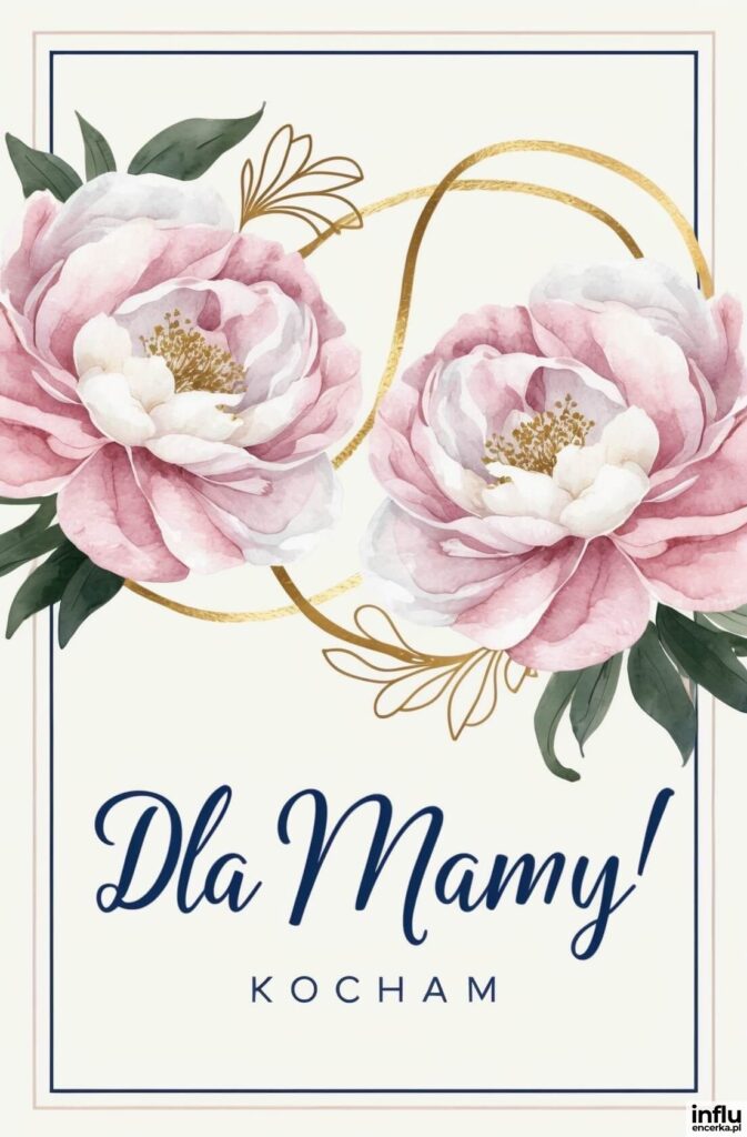 Dwa akwarelowe różowe piwonie z złotymi zdobieniami i napisami „Dla Mamy!”