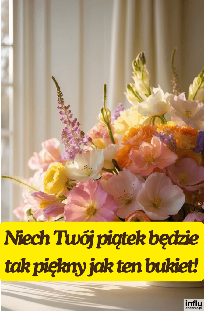 Pastelowy bukiet różowych, żółtych i białych kwiatów w słonecznym wnętrzu z napisem „Niech Twój piątek będzie tak piękny jak ten bukiet!”