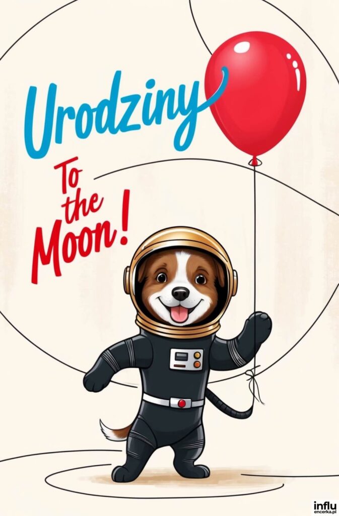 Kreskówkowy pies w stroju astronauty z czerwonym balonikiem, napis „Urodziny — to the moon!”.