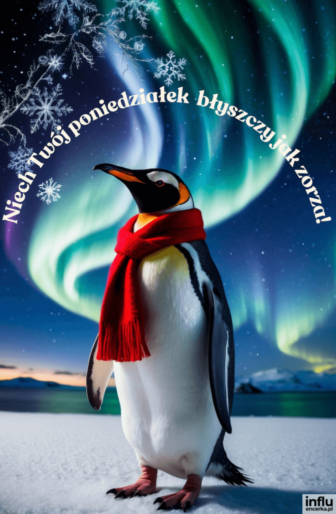 Pingwin w czerwonym szaliku stoi na śniegu na tle zorzy polarnej, z napisem „Niech Twój poniedziałek błyszczy jak zorza!”