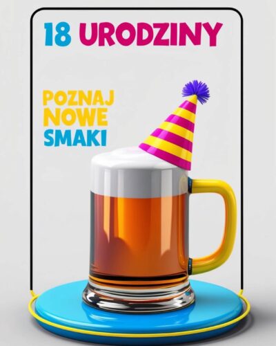 Kolorowy kufel piwa z czapeczką urodzinową na niebieskim podstawku i napisami „18 URODZINY”