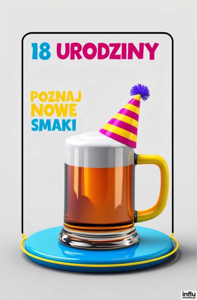 Kolorowy kufel piwa z czapeczką urodzinową na niebieskim podstawku i napisami „18 URODZINY”