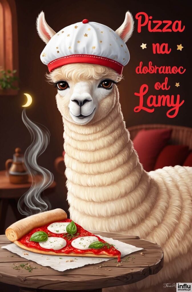 Lama w kucharskiej czapce siedzi przy stoliku z kawałkiem pizzy margherita i napisem „Pizza na dobranoc od Lamy”