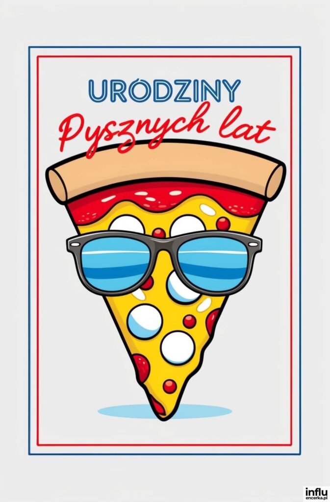 Kreskówkowa kromka pizzy w okularach przeciwsłonecznych, napis „Urodziny — pysznych lat”.