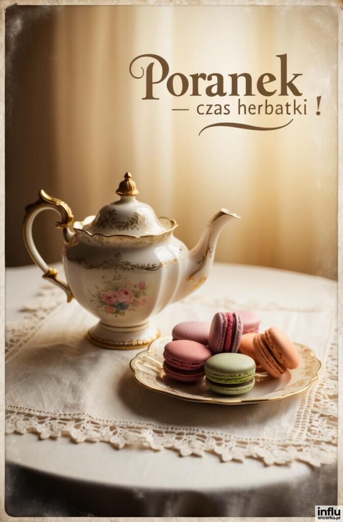 Porcelanowy czajniczek z kwiatowym wzorem i złoceniami obok talerza z kolorowymi macarons na koronkowym obrusie, napis „Poranek — czas herbatki !”