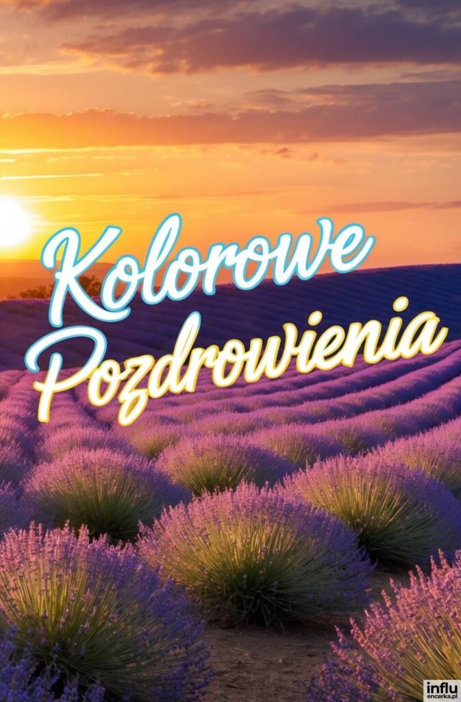 Rozległe pole lawendy w fioletowych rzędach o zachodzie słońca z napisem „Kolorowe Pozdrowienia”