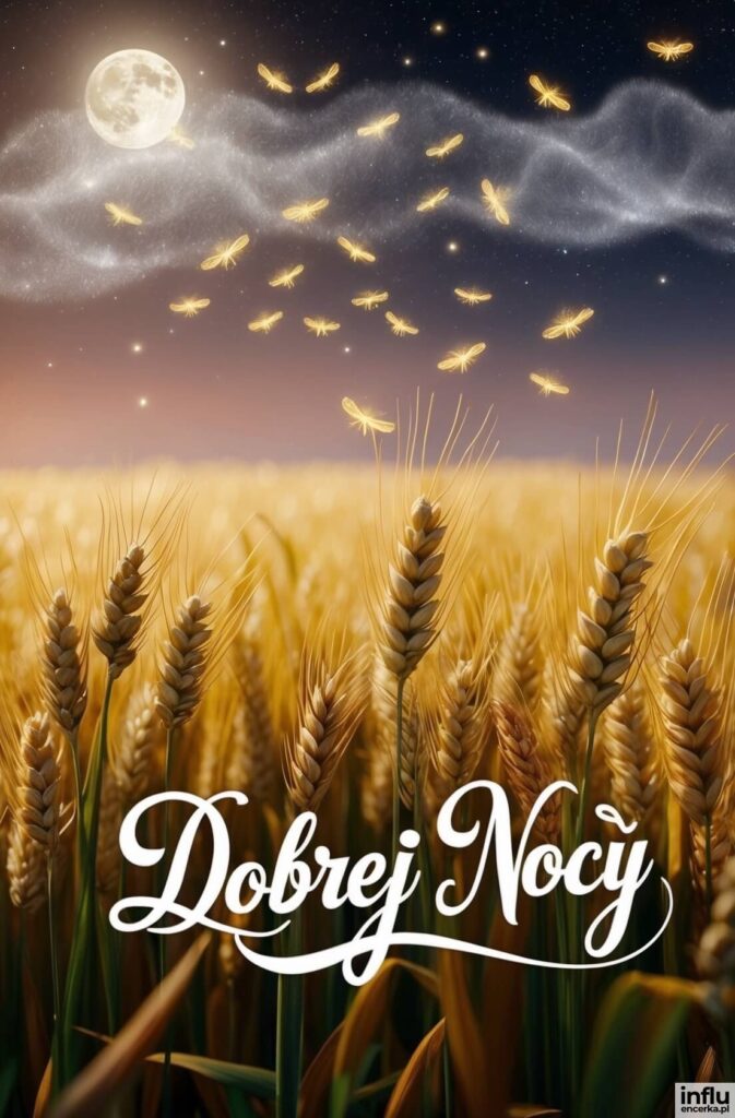 Złote pole pszenicy pod nocnym niebem z pełnią księżyca i rojem świetlików, z białym napisem „Dobrej Nocy”