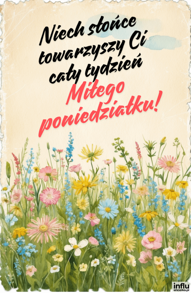 Akwarelowa łąka pełna kolorowych polnych kwiatów z napisem „Niech słońce towarzyszy Ci cały tydzień – Miłego poniedziałku!”