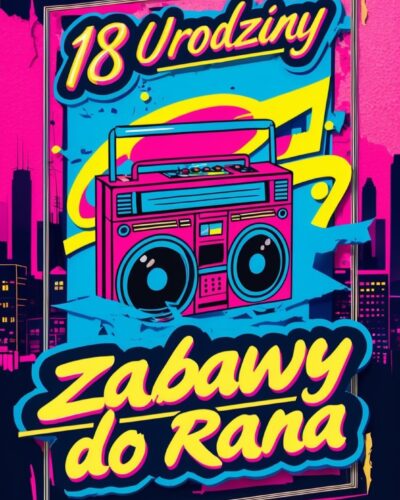 Różowo-niebieska kartka w stylu pop-art z boomboxem i napisami „18 Urodziny”