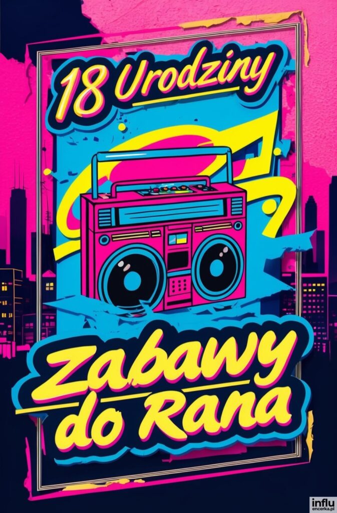 Różowo-niebieska kartka w stylu pop-art z boomboxem i napisami „18 Urodziny”