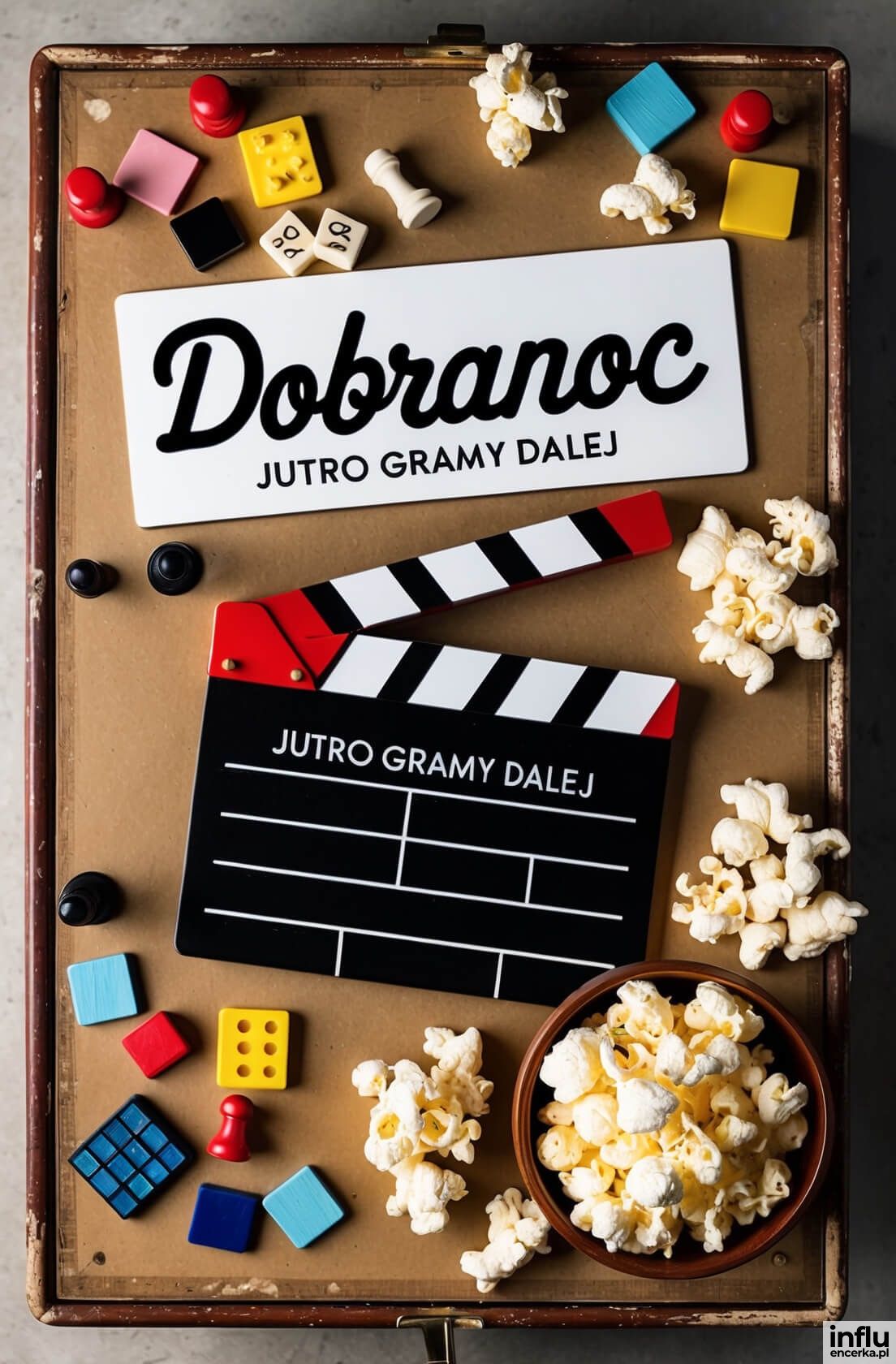 Kartka, popcorn, figurki z planszówek, dobranoc, jutro gramy dalej