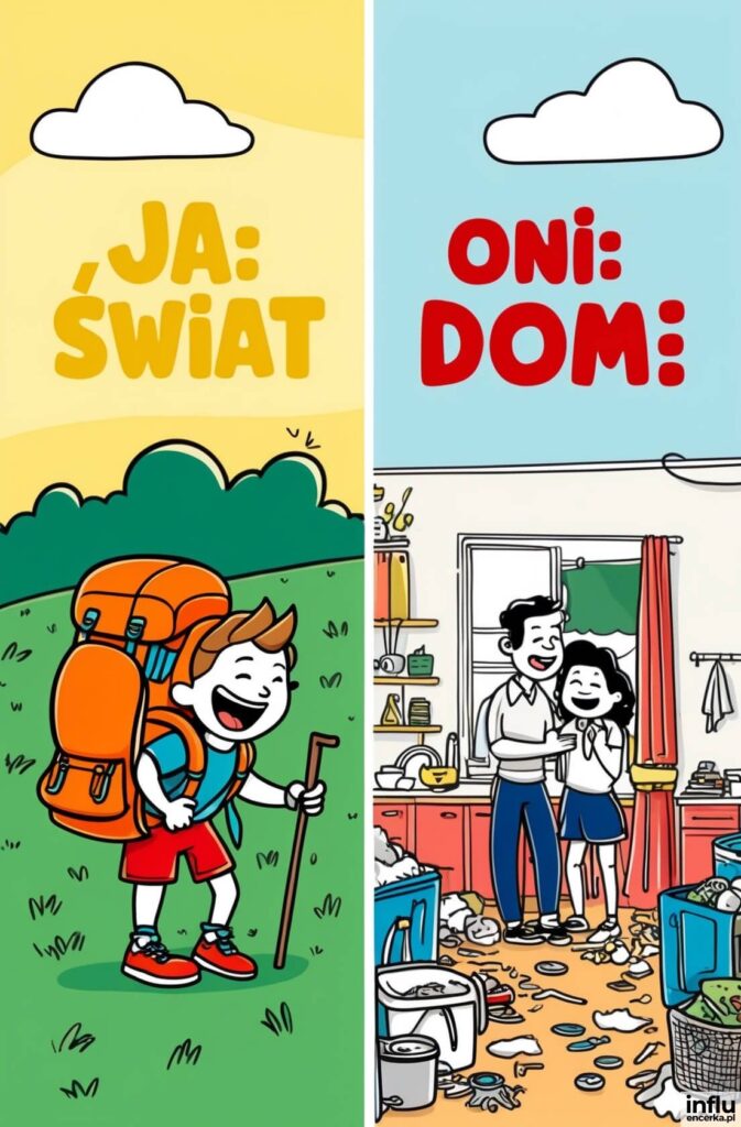 Dwupanelowa ilustracja komiksowa: po lewej uśmiechnięty chłopiec z plecakiem i napisem „JA: ŚWIAT”