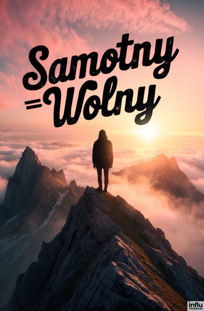 Sylwetka osoby stojącej na szczycie góry o zachodzie słońca nad chmurami, z napisem „Samotny =Wolny”
