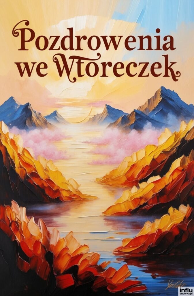 Kartka z motywem gór i pozdrowieniami na dzień dobry we wtorek