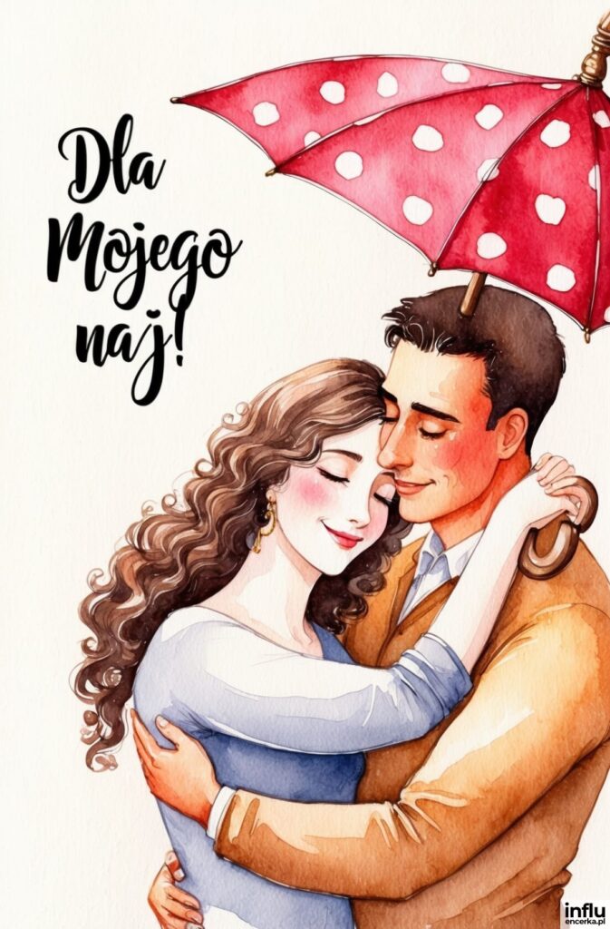 Akwarelowa ilustracja przytulającej się pary pod czerwoną parasolką w białe grochy, z napisem „Dla Mojego naj!”