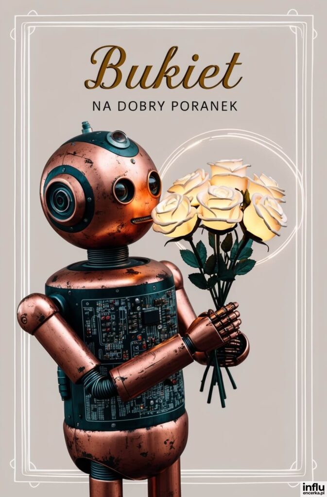 Miedziany robot w stylu steampunk trzyma bukiet świecących białych róż; u góry napis „Bukiet na dobry poranek”